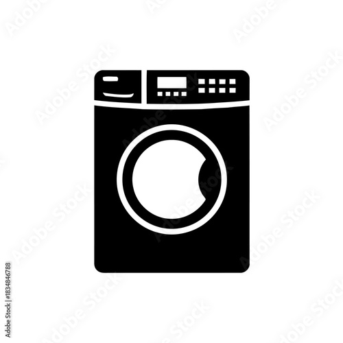 Simple black and white icon of a front load washing machine