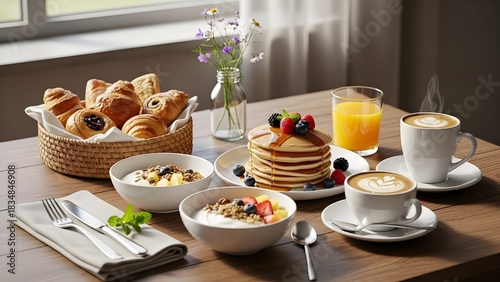 Wallpaper Mural Breakfast table setting with various foods and beverages Torontodigital.ca