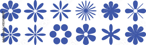 Collection of Blue Floral and Starburst Graphic Elements on White Background