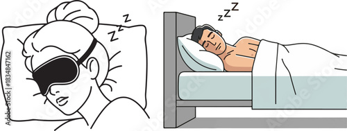 Vector Illustrations of Sleeping Man and Woman, Outline and Color