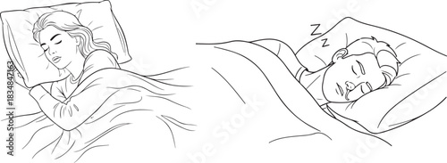 Simple Black Line Art Drawing of People Sleeping Peacefully
