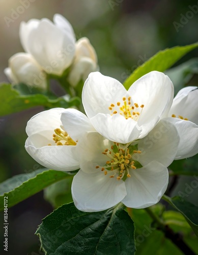 Close-up of delicate white blossoms with golden centers against green leaves