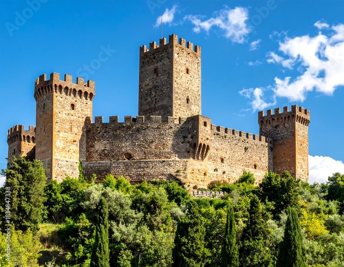 A majestic medieval fortress, constructed of stone, sits atop a verdant hill beneath a bright blue sky dotted with white clouds