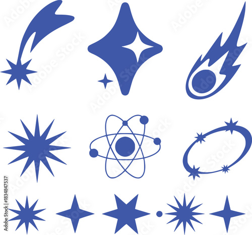 Collection of Blue Star and Space Icons: Shooting Stars, Atoms, and Sparkles