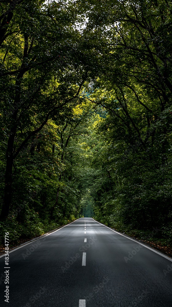 Fototapeta premium Long straight road through a dense green forest tunnel canopy