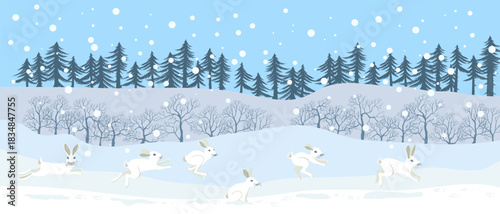 vector drawing winter landscape with hares, snow and trees, hand drawn illustration,cover background