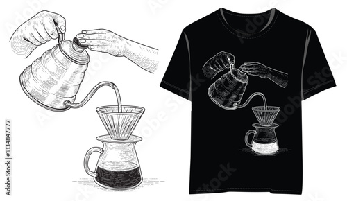 Handdrawing of V60 and T-Shirt Mockup