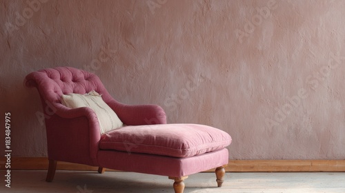 Pink armchair against a pink wall. the armchair has a tufted backrest and armrests, and is upholstered in a soft pink fabric. it has wooden legs and a footrest with a cushion on top.
