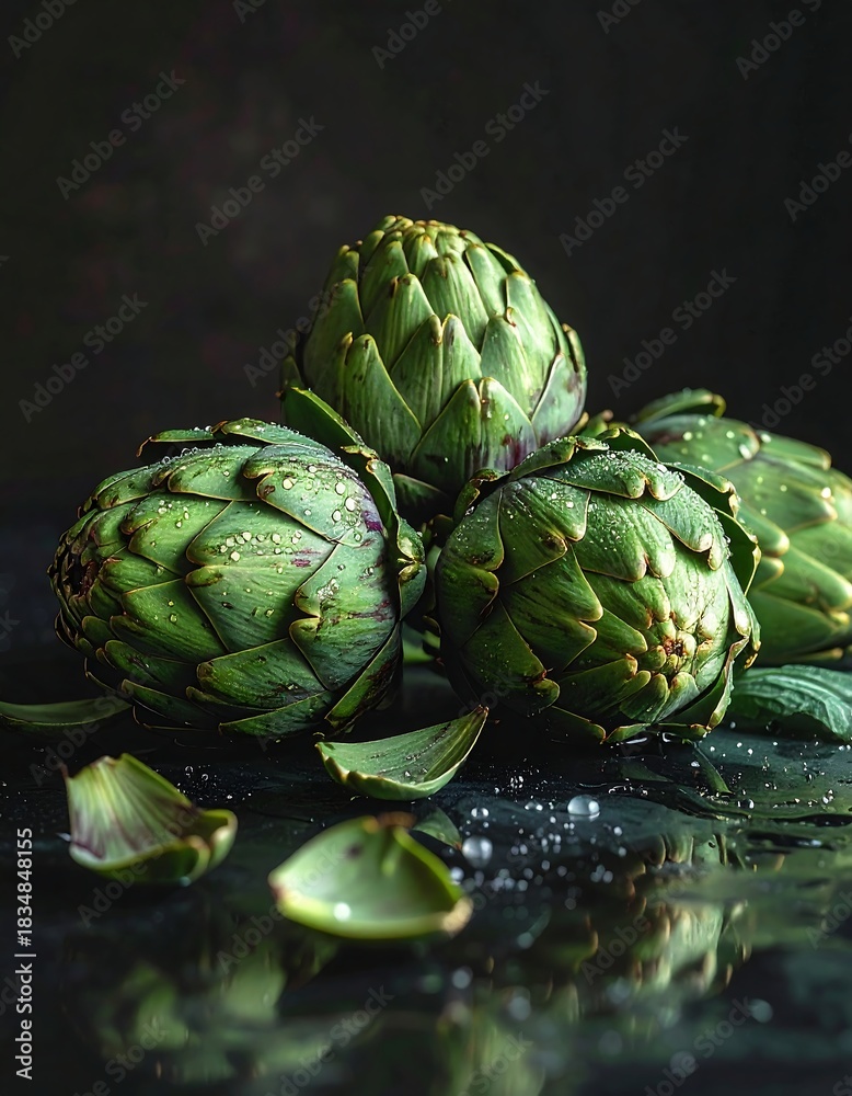 Obraz premium Close-up of artichokes with water droplets on a dark surface