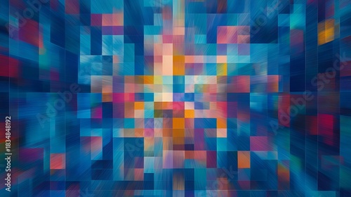 Vibrant mosaic of colorful squares and rectangles radiating outwards creating a dynamic modern geometric pattern