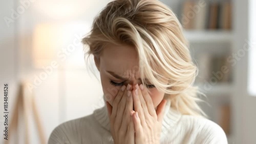 Emotional Woman Expressing Sadness and Despair, Crying Indoors, Overwhelmed by Grief