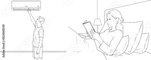 Monochrome Line Art of Daily Home Life, Adjusting AC, Reading.