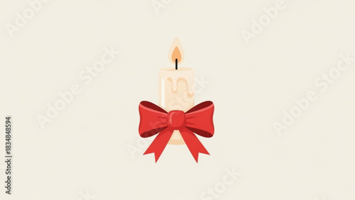 A single lit candle with a dripping wax effect adorned with a festive red ribbon bow against a plain light background