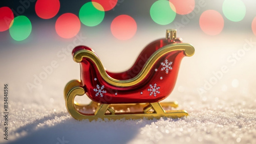 A festive miniature red and gold sleigh adorned with white snowflakes rests on a bed of sparkling snow with blurred red and green bokeh lights in the background
