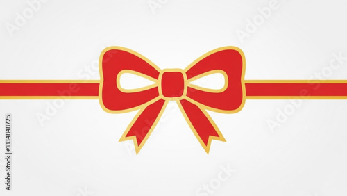 A classic red ribbon tied into a decorative bow with golden trim elegantly presented across a clean white background symbolizing celebration and gift giving