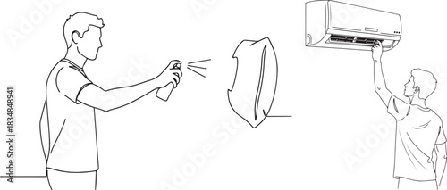 Black Line Art Vector of Air Conditioner Cleaning and Adjustment