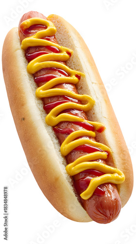 Hotdog With Mustard and Ketchup shows glossy surface. Perfect for restaurant menu, fast food ads, or posters.
