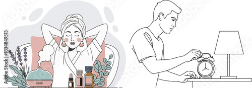 Line Art Vector Illustrations: Wellness, Aromatherapy, and Daily Routine