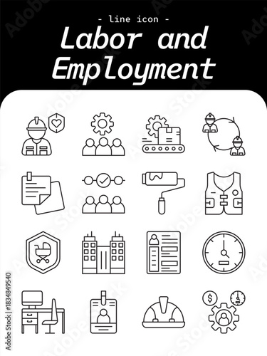 Labor and Employment thin line icon set. Worker, hiring, contract, salary, office, teamwork, labor rights, workplace safety outline icons.