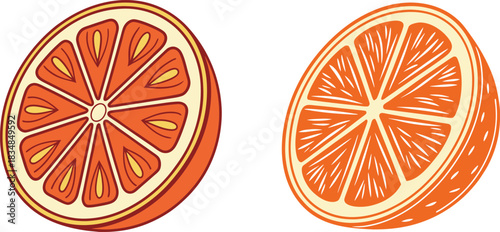 Two sliced citrus fruits showing vibrant pulp and segments