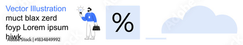 Business strategy, data management, innovation, cloud technology, financial data, problem-solving. Person holding a lightbulb, percentage symbol and cloud graphic. Innovation and data management