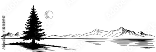 a calm lake beside a tall pine tree, with distant mountains and a rising sun creating a peaceful scene.