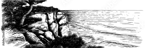 Detailed sketch of a rugged seaside cliff with trees and bushes beside a calm ocean horizon, evoking nature and tranquility.