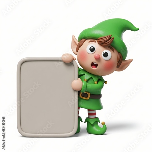 Cute christmas elf holding a blank sign isolated on white background