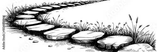 A winding path made of large flat stones surrounded by grass, capturing calm natural scenery and simplicity.