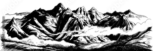 a dramatic mountain range with clouds obscuring the lower peaks, highlighting rugged natural scenery and atmosphere.