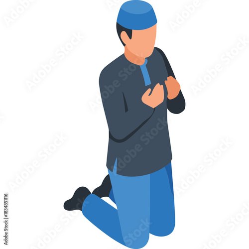 Islamic Man Wearing Blue Kufi And Dark Blue Thobe Kneeling In Prayer With Hands Clasped In Front Of Chest Isolated On Black Background