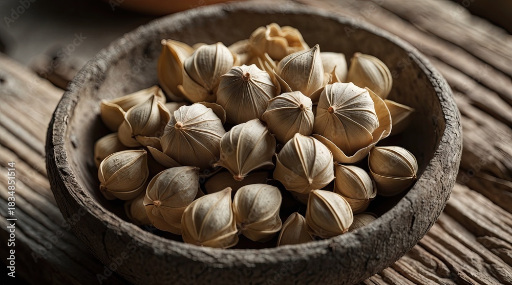 Fototapeta premium Dried Lotus Seed Pods in Wooden Bowl