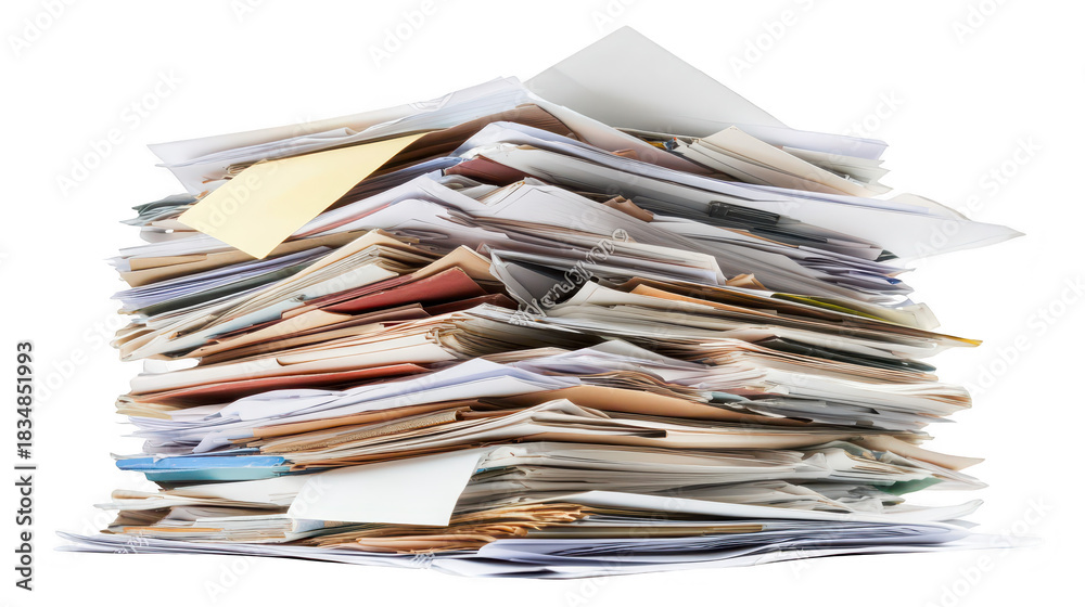 Obraz premium A chaotic stack of assorted papers. documents. and envelopes piled high. an office environment filled with disorganized paperwork and clutter. ideal for illustrating administrative challenges
