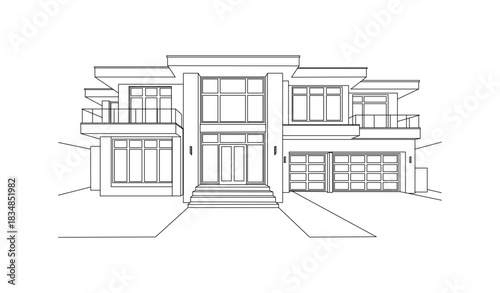 Detailed architectural line art illustration depicting a modern luxury family home with clean contemporary design and expansive windows