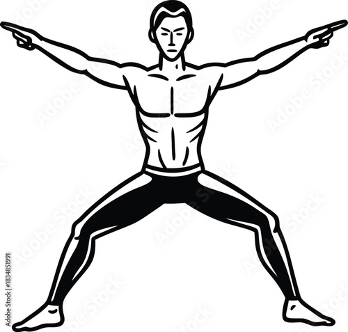 Man in warrior pose with arms outstretched yoga meditation