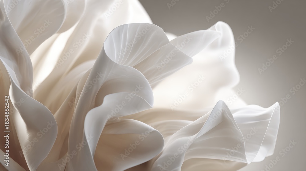 Fototapeta premium Elegant close-up of a delicate fabric in soft, flowing folds. The fabric is light and airy, creating a sense of movement and grace Cloud Dancer color
