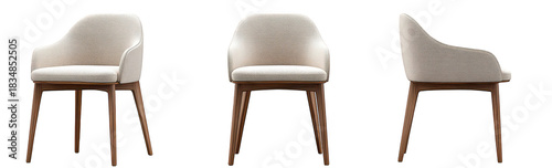 A stylish. modern chair a minimalist design with a soft fabric seat and elegant wooden legs. positioned against a clean. white background. ideal for contemporary interior decor