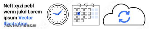 Time management, productivity tools, cloud storage, scheduling, synchronization, task planning. Clock, calendar and cloud icons. Time management and productivity tools