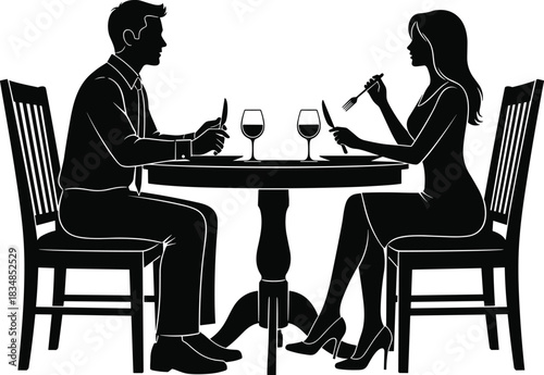 Romantic couple enjoying fine dining, intimate dinner date, elegant man and woman silhouette illustration, restaurant setting with wine glasses, vector graphic content.