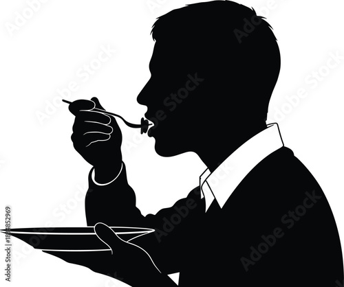 Silhouette of a man eating food with a fork and knife, illustrating healthy living, dining experience, appetite satisfaction, nutrition, and lunch or dinner time, black and white vector.