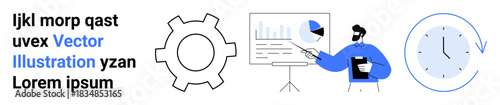 Gear icon, presenter explaining data on a board with charts, and clock icon. Ideal for teamwork, presentation, productivity, planning, analysis, workflow simple landing page