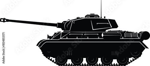 Silhouette of World War II Soviet T-34 Medium Tank, Black and White Vector Illustration, Heavy Armor Military Vehicle, Side View Icon, Historical War Machine