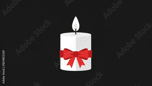 A single white cylindrical candle with a lit flame and a festive red ribbon tied in a bow around its base set against a dark background