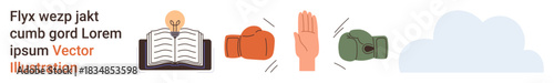 Education, knowledge sharing, conflict resolution, decision-making, innovation, teamwork. Open book with a lightbulb, boxing gloves and a raised hand gesture next to a cloud. Education and conflict