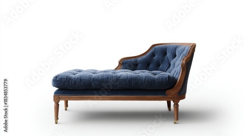 Blue velvet chaise lounge chair with a wooden frame. the chair has a tufted backrest and armrests, and the seat is upholstered in a deep blue velvet fabric with a buttoned design.