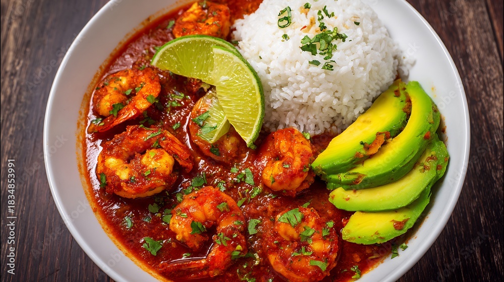 Fototapeta premium Mexican camarones la diabla deviled shrimp in spicy red sauce served with lime wedges avocado slices and white rice