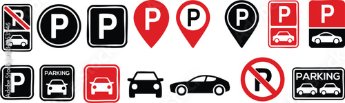 Parking and Car Icon Set, Vector Collection of Parking Signs and Automobile Icons, Car Parking Symbols and Silhouettes, No Parking and Allowed Parking Signage, silhouette, vector, illustration.