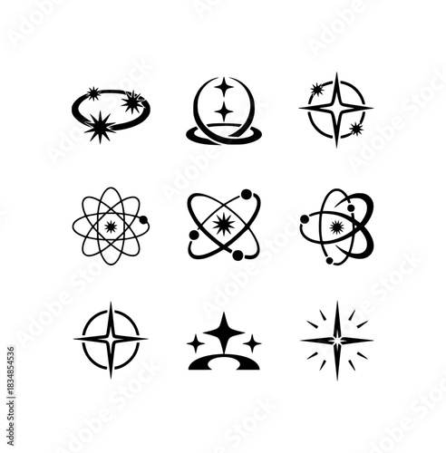 Collection of Black and White Icons: Atomic Structures, Stars, and Celestial Motifs
