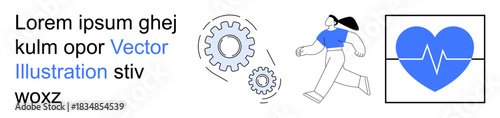 Healthcare, fitness, technology, innovation, work-life balance, health monitoring. Woman running, gears and heart symbol with pulse line. Fitness and healthcare concept showing active life