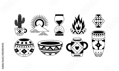 Collection of Black and White Icons: Cactus, Sun, Hourglass, Fire, and Pottery